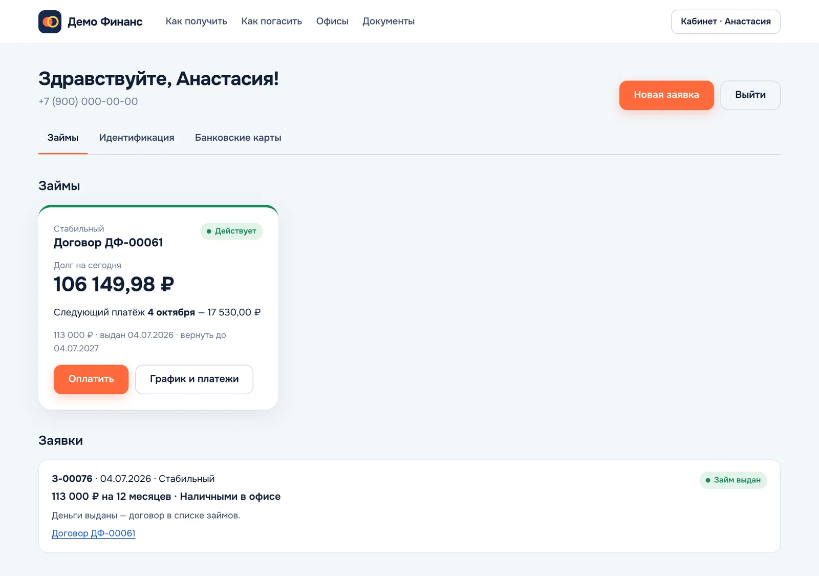 Личный кабинет заёмщика: займ с долгом на сегодня и ближайшим платежом, заявки, платежи, вкладки «Идентификация» и «Банковские карты»