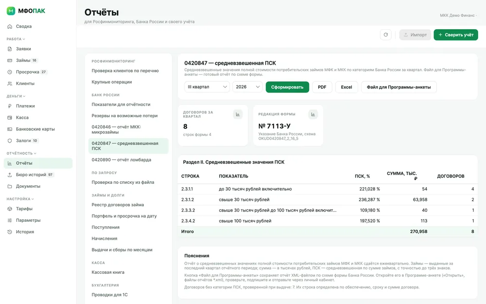 Отчёт 0420847: средневзвешенные значения полной стоимости займов по категориям Банка России за III квартал и кнопка «Файл для Программы-анкеты»